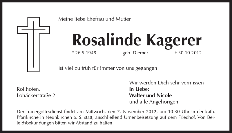  Traueranzeige für Rosalinde Kagerer vom 05.11.2012 aus Pegnitz-Zeitung
